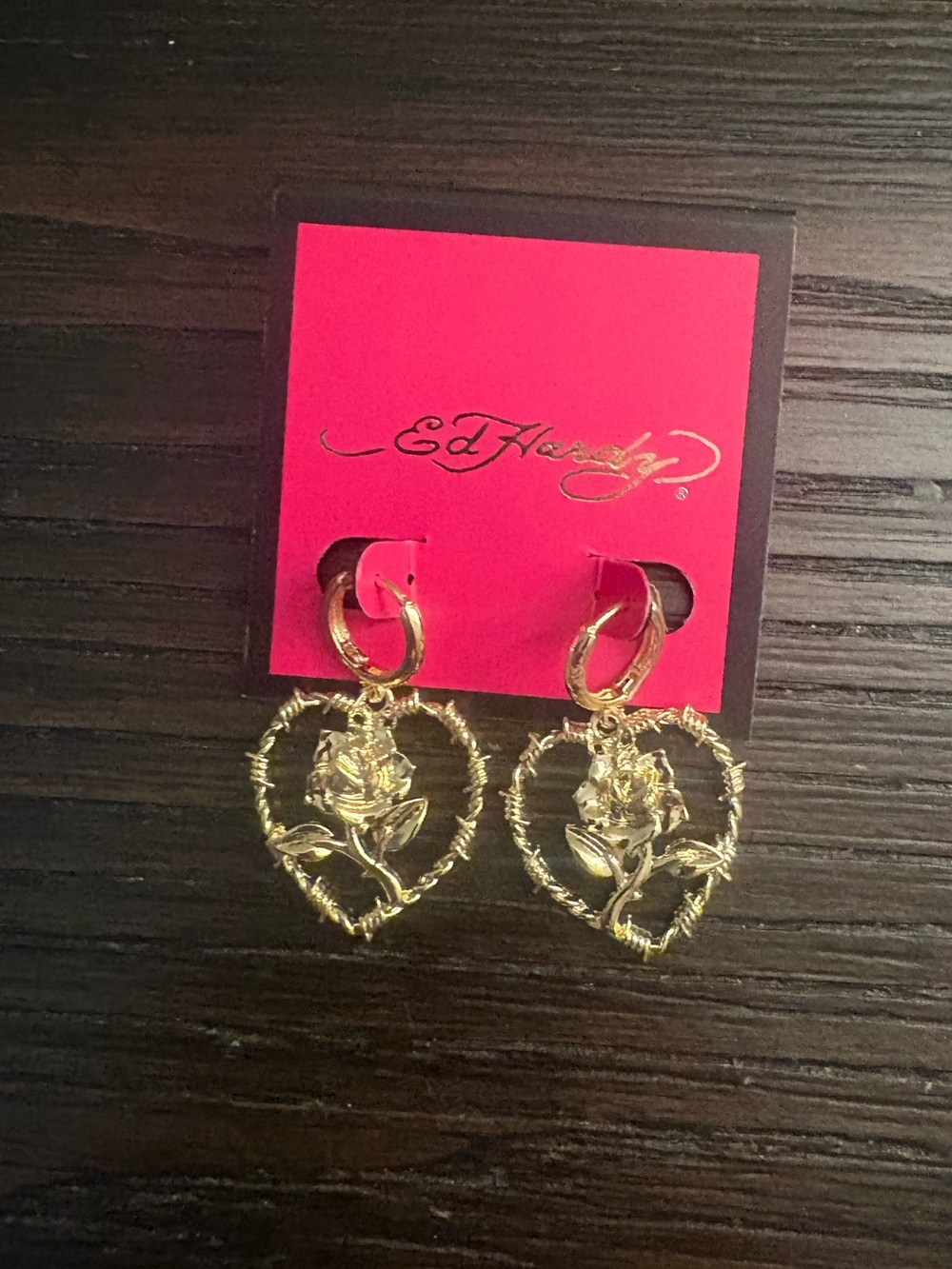 NEW Ed Hardy Gold Heart Rose Hoop Earrings